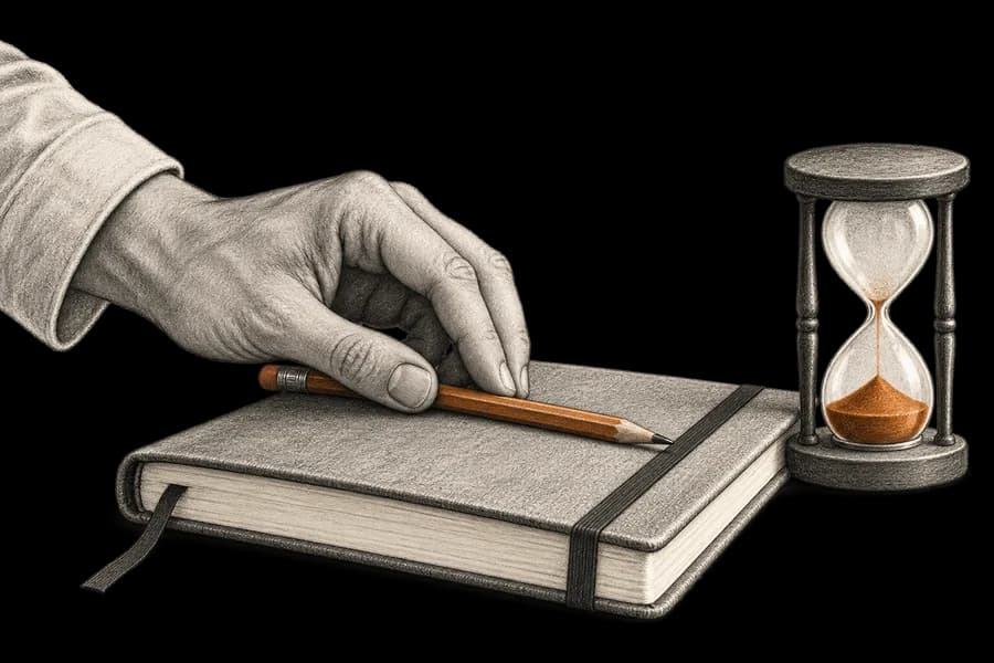 A hand sets a pencil down on a closed journal beside an hourglass, illustrating a deliberate pause.
