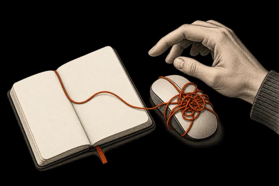 A hand hesitates over a mouse tangled in orange thread beside an open journal.